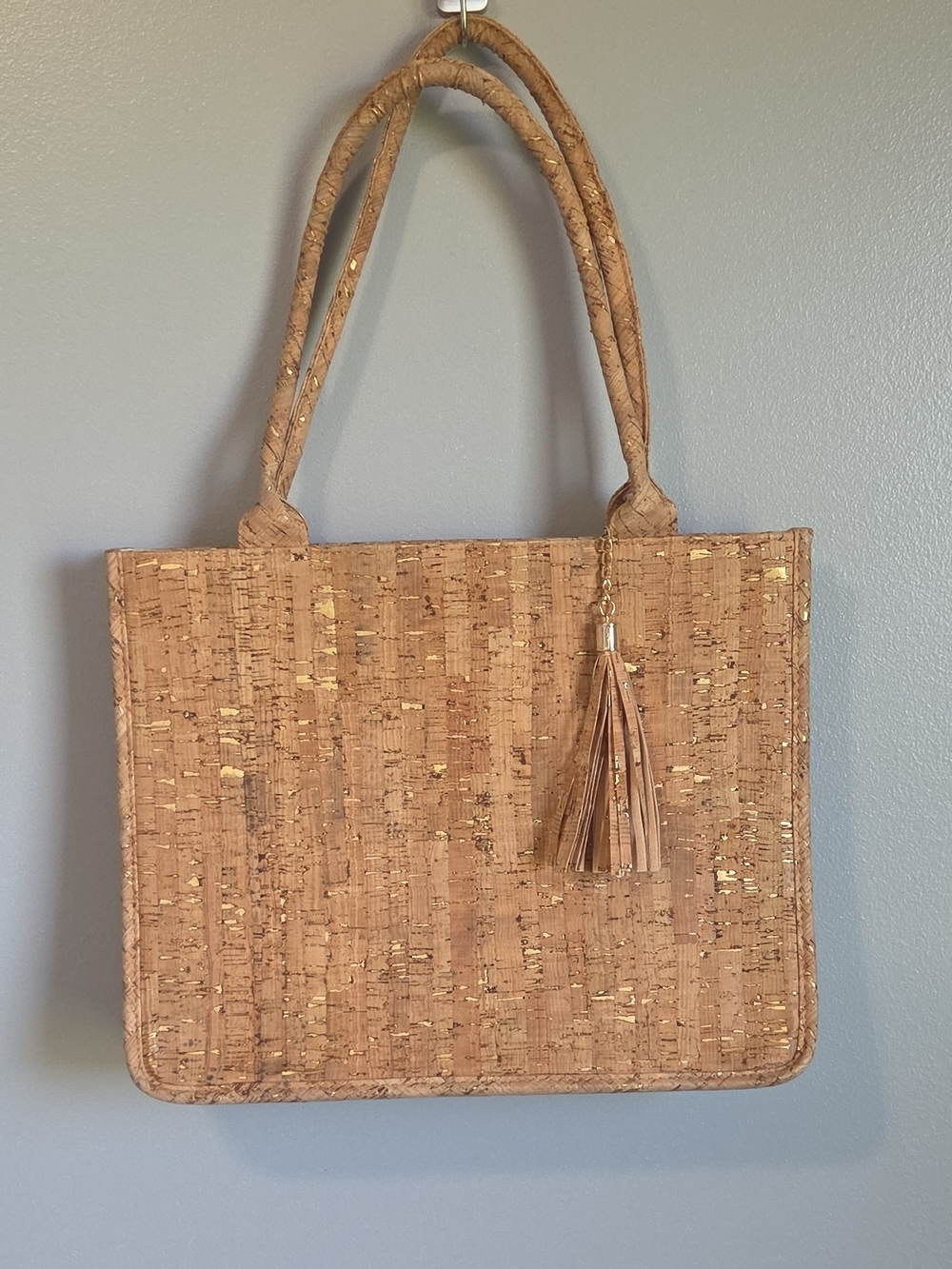 Tan Natural Cork Thin Tote Bag with Tassel Charm Magnet Closure Gold Hardware